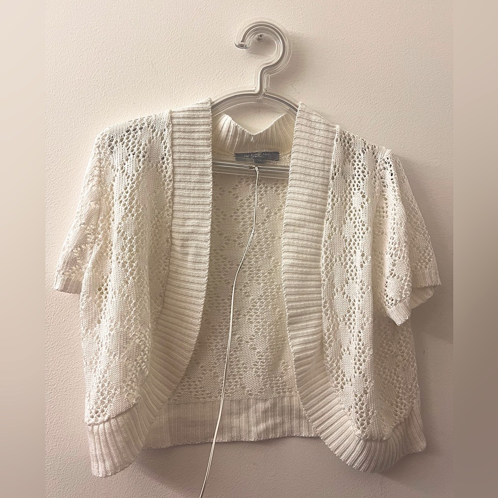NY Collection Acrylic Petite White Crochet Short Sleeve Shawl Shrug Knitted Lace
